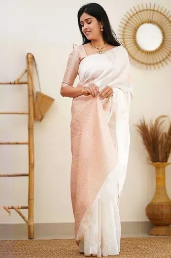 white banarasi saree with floral woven zari design