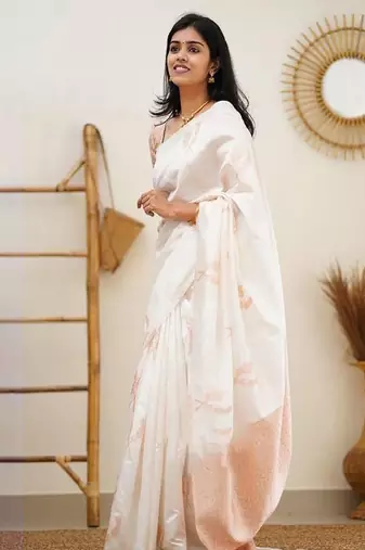 white banarasi saree with floral woven zari design