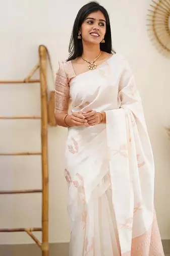 white banarasi saree with floral woven zari design