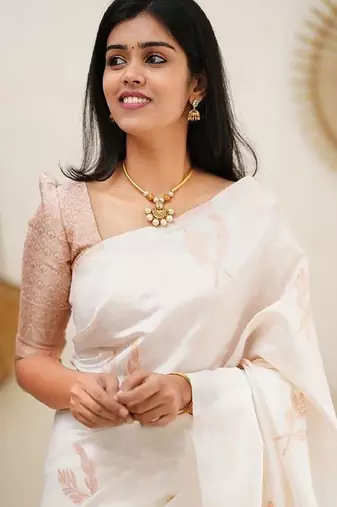 white banarasi saree with floral woven zari design