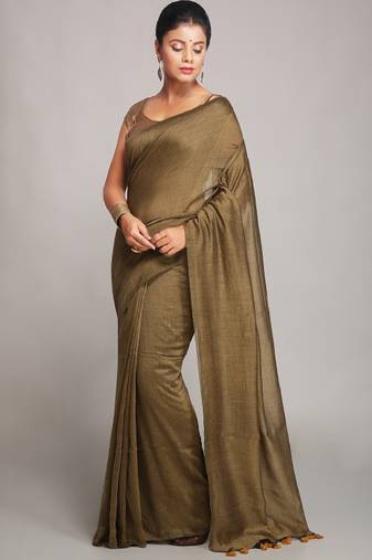 beige art silk saree with traditional taant design