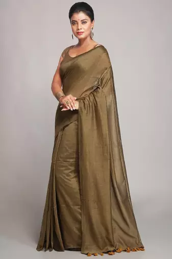 beige art silk saree with traditional taant design