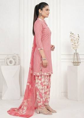 Peach printed cotton blend stitched geometric print salwar kurta dupatta for women 2