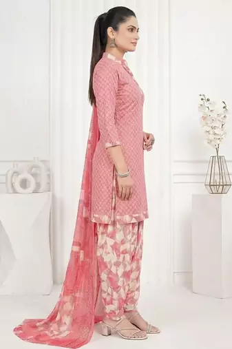 Peach printed cotton blend stitched geometric print salwar kurta dupatta for women