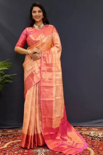 cream kanjeevaram saree with ethnic motif zari weave