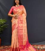 cream kanjeevaram saree with ethnic motif zari weave