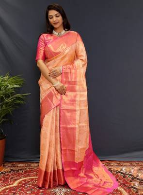 cream kanjeevaram saree with ethnic motif zari weave 2