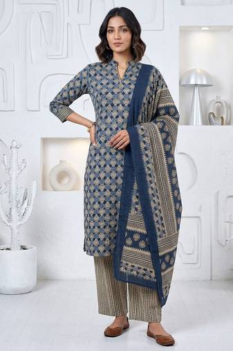 Blue printed cotton blend stitched ethnic motif print salwar kurta dupatta for women