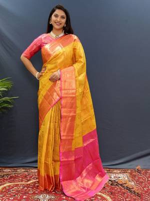 gold silk kanjeevaram saree with woven zari design 1