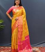 gold silk kanjeevaram saree with woven zari design