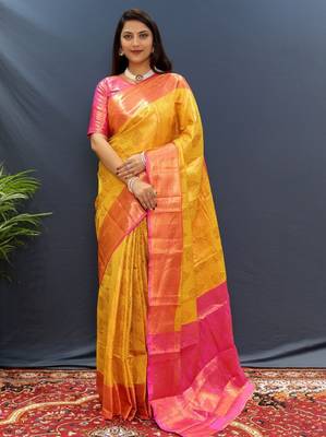 gold silk kanjeevaram saree with woven zari design 2