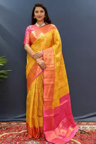 gold silk kanjeevaram saree with woven zari design