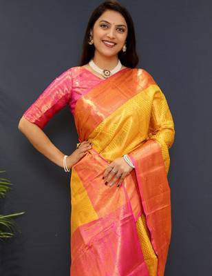gold silk kanjeevaram saree with woven zari design 3