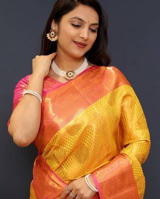 gold silk kanjeevaram saree with woven zari design 4