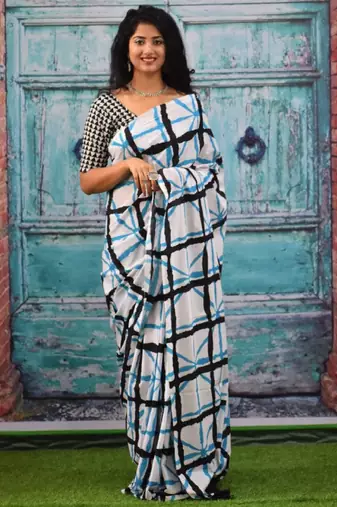 Checked pure cotton block print saree