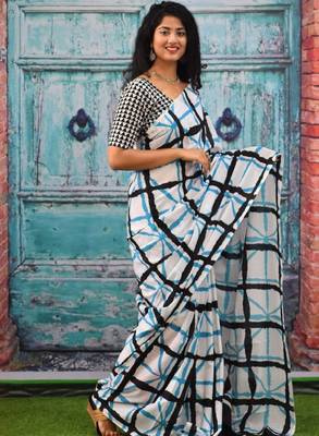 Checked pure cotton block print saree 2