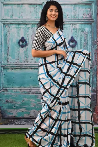 Checked pure cotton block print saree