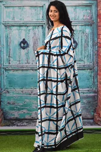 Checked pure cotton block print saree