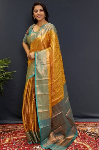 gold silk kanjeevaram saree with zari woven work
