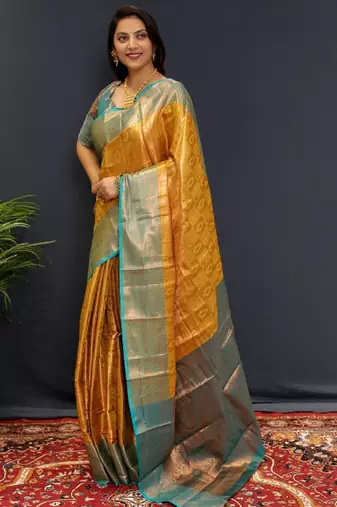 gold silk kanjeevaram saree with zari woven work