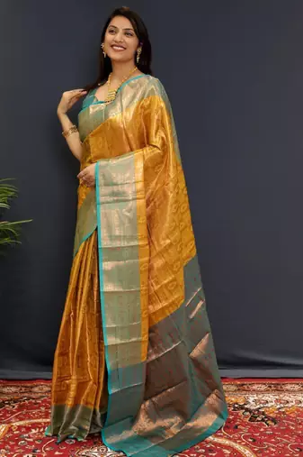 gold silk kanjeevaram saree with zari woven work