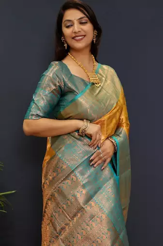 gold silk kanjeevaram saree with zari woven work