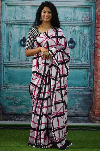 Checked pure cotton block print saree