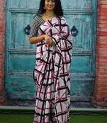 Checked pure cotton block print saree
