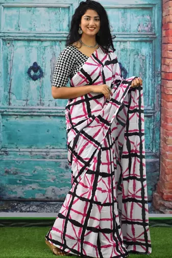Checked pure cotton block print saree