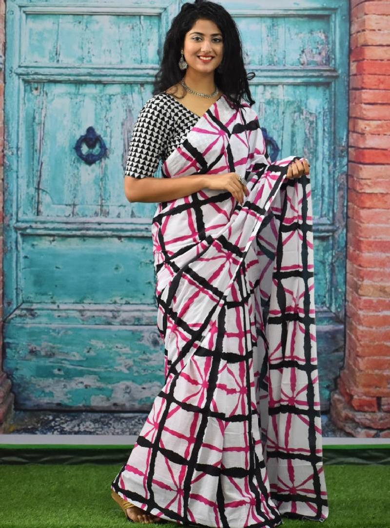 Checked pure cotton block print saree