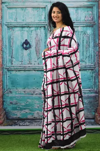 Checked pure cotton block print saree