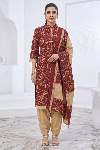 Red printed cotton blend stitched floral print salwar kurta dupatta for women