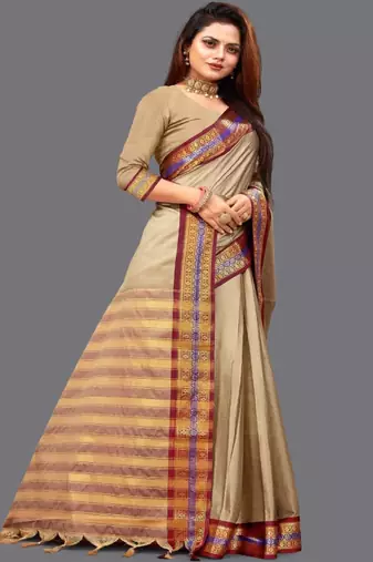 beige mysore silk saree with traditional zari work