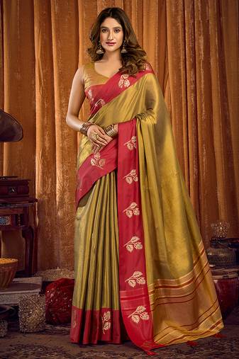 Golden olive green soft tissue silk blend saree with red woven border