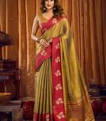 Golden olive green soft tissue silk blend saree with red woven border