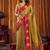 Golden olive green soft tissue silk blend saree with red woven border