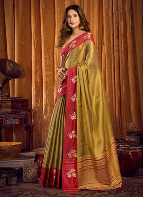Golden olive green soft tissue silk blend saree with red woven border 2