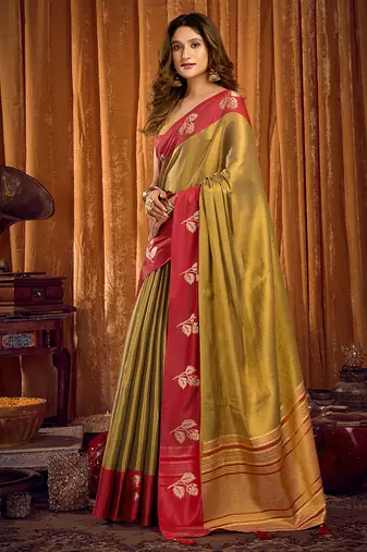 Golden olive green soft tissue silk blend saree with red woven border
