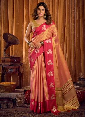 Peach gold soft tissue silk blend saree with magenta woven border 1