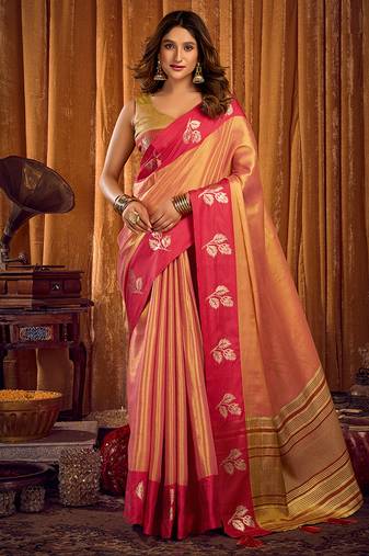 Peach gold soft tissue silk blend saree with magenta woven border