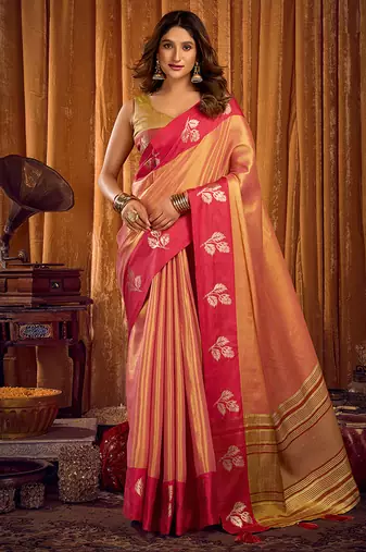 Peach gold soft tissue silk blend saree with magenta woven border