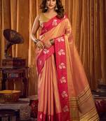 Peach gold soft tissue silk blend saree with magenta woven border