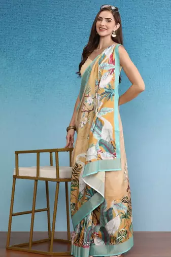 beige satin saree with floral digital print