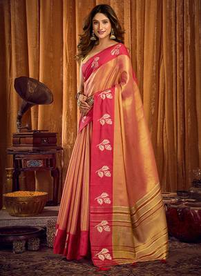 Peach gold soft tissue silk blend saree with magenta woven border 2