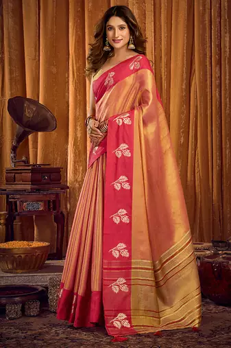 Peach gold soft tissue silk blend saree with magenta woven border