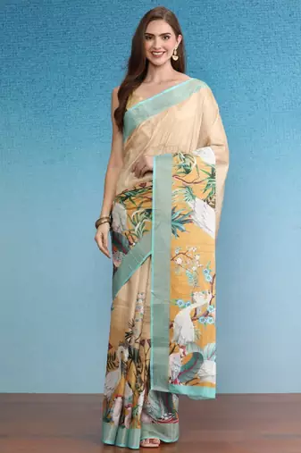 beige satin saree with floral digital print
