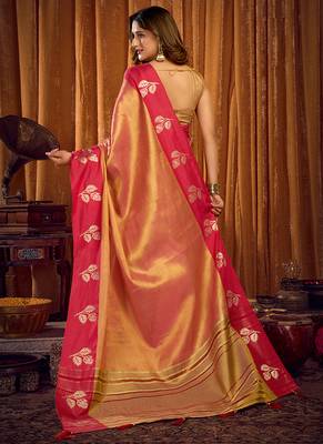 Peach gold soft tissue silk blend saree with magenta woven border 3