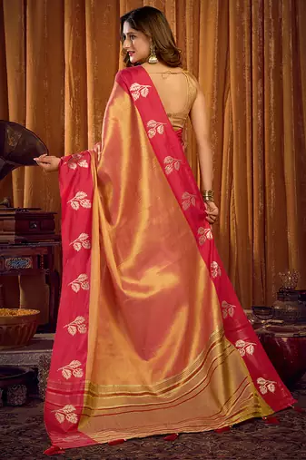 Peach gold soft tissue silk blend saree with magenta woven border