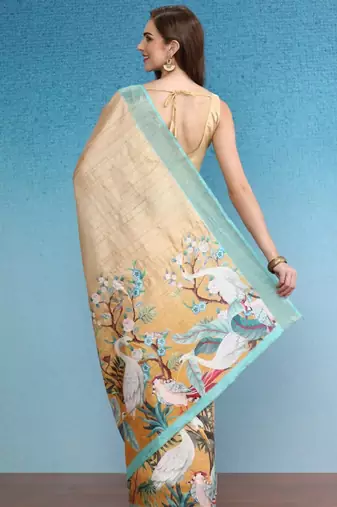 beige satin saree with floral digital print