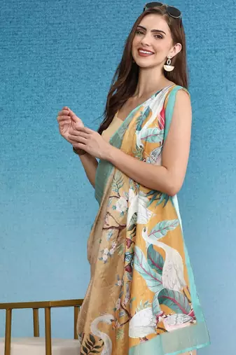 beige satin saree with floral digital print
